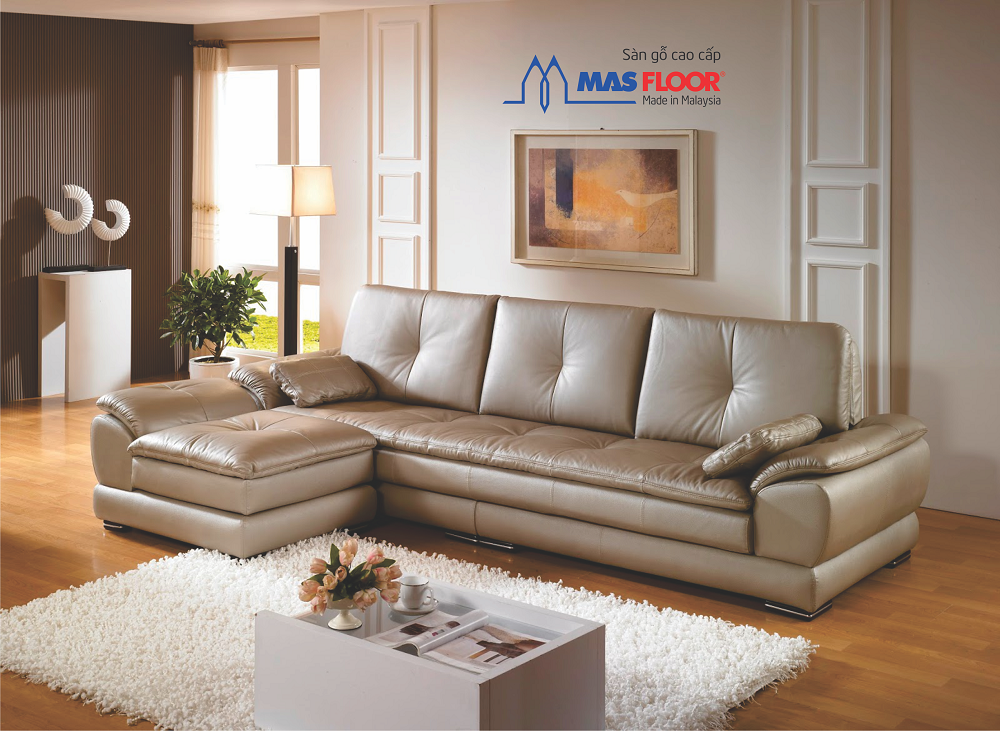 Chọn màu sàn gỗ hài hòa với nội thất sofa da